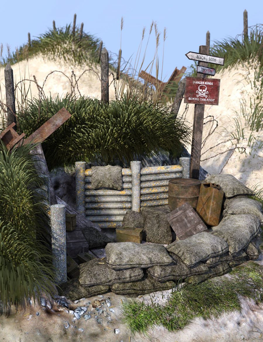Promo of the beach barricade with sandbags, ammo boxes, and sand dunes