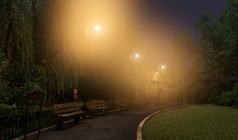 Promo of the view along the path in Haven Park on a foggy night