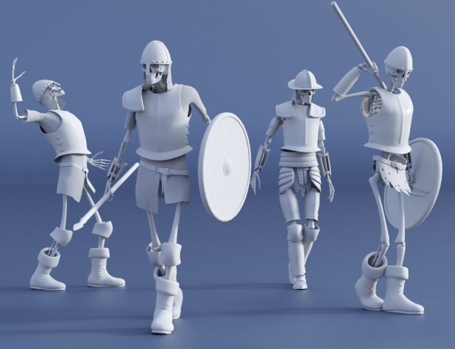Clay render of the Skeleton Army with various options of armour and poses