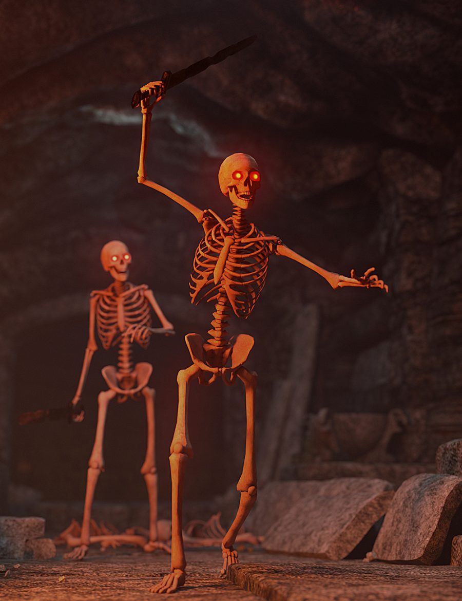 Promo in a dungeon of the LoREZ Skeleton, the low resolution 3D model for DAZ Studio