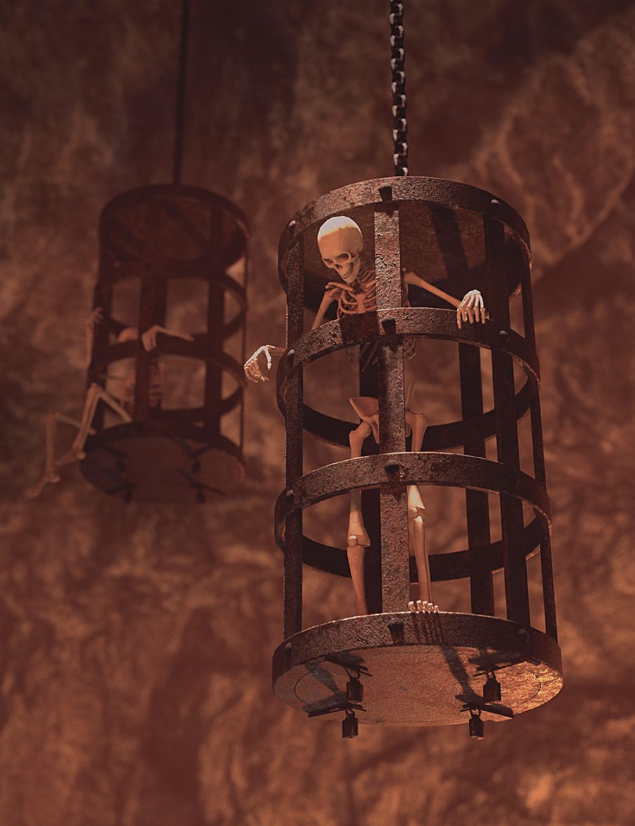 Promo of a caged LoREZ Skeleton, the low resolution 3D model for DAZ Studio