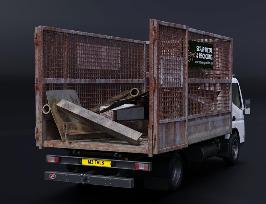 Promo of white light truck with caged rear and scrap metal