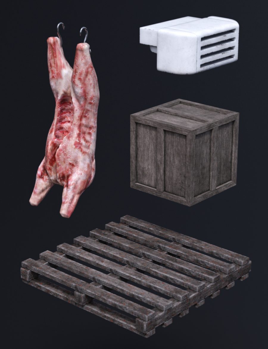 Promo of meat carcass, fridge unit, pallet and crate