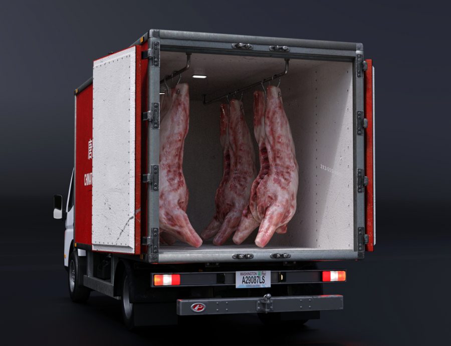Promo on the interior of the boxed rear including meat carcasses