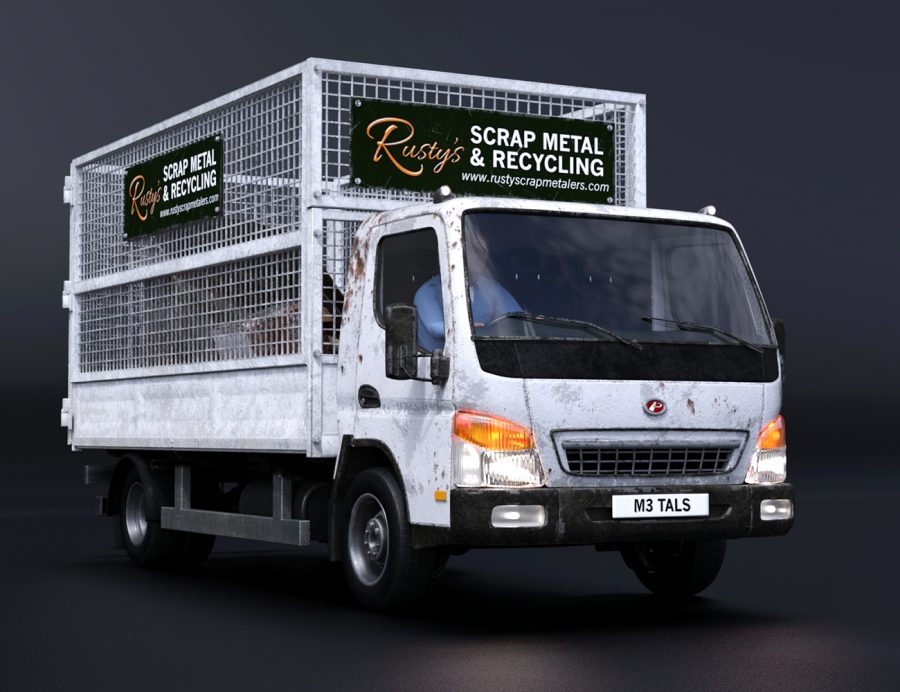 Promo od white light truck with scrap metal graphics