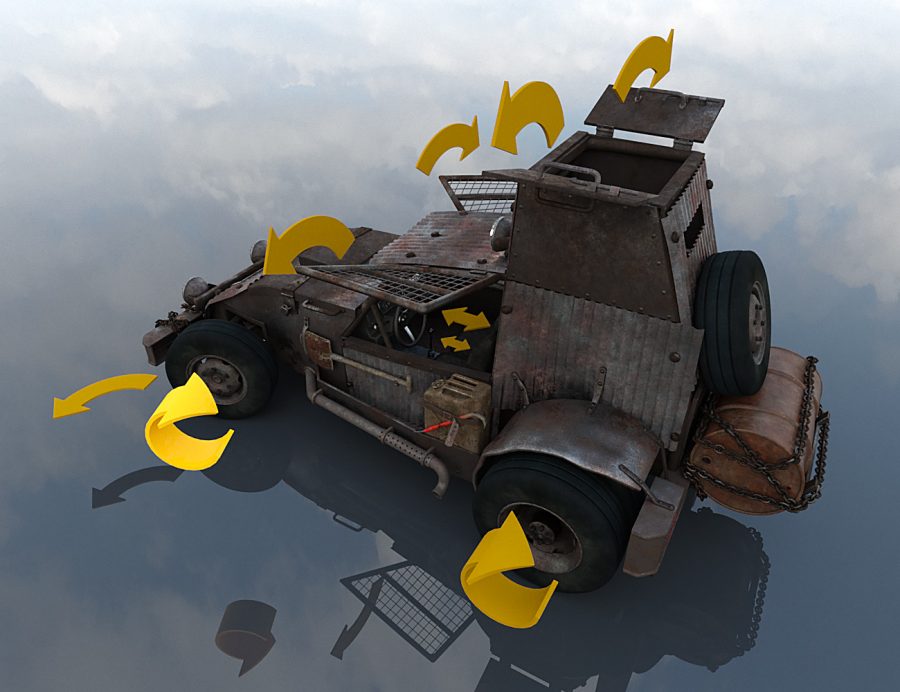 Promo of all moveable parts for the zombie scout buggy