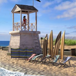 Promo of white lifeguard tower on beach with deckchairs and surfboards