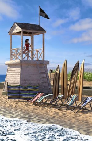 Promo of white lifeguard tower on beach with deckchairs and surfboards