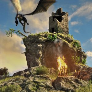 Promo of a dragon attacking a ruined tower