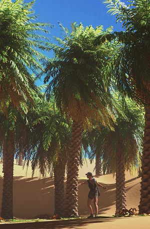Promo of female hero amongst a collection of date palm trees