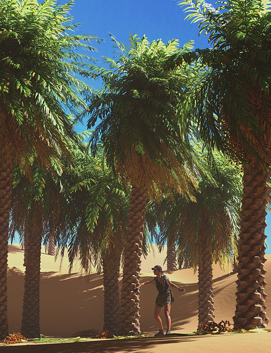 Promo of female hero amongst a collection of date palm trees