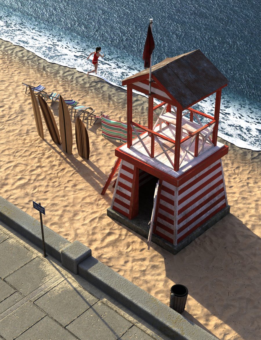 Promo of red and white lifeguard tower on beach