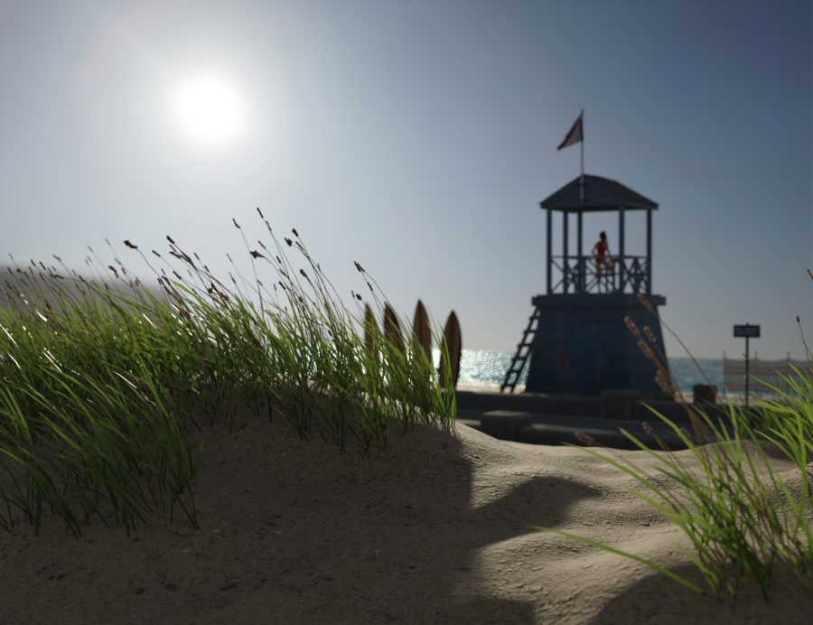 Promo of dunes with lifeguard tower in the distance
