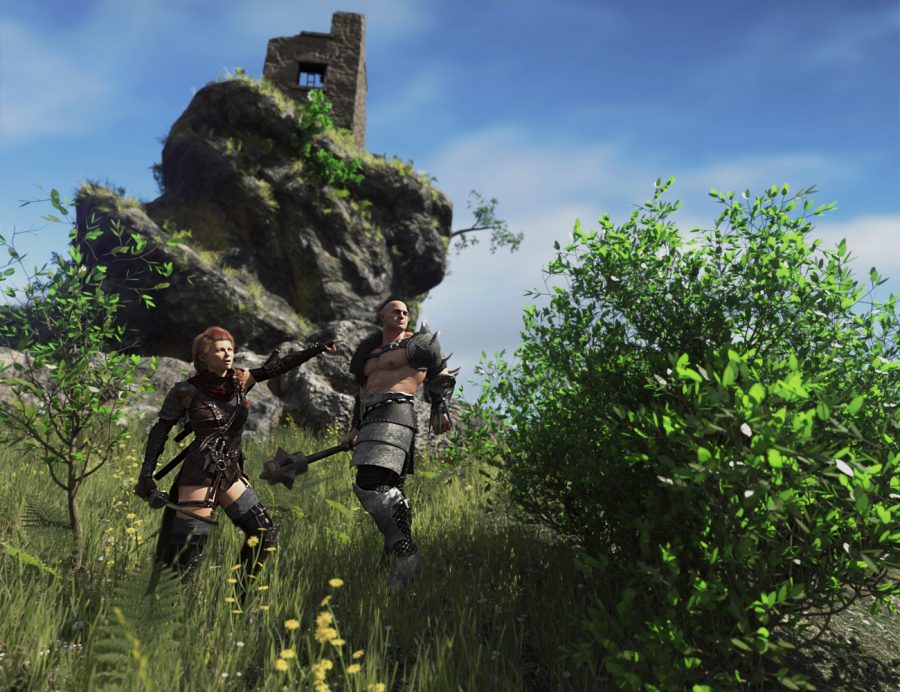 Promo of two heroes stood beneath a ruined tower
