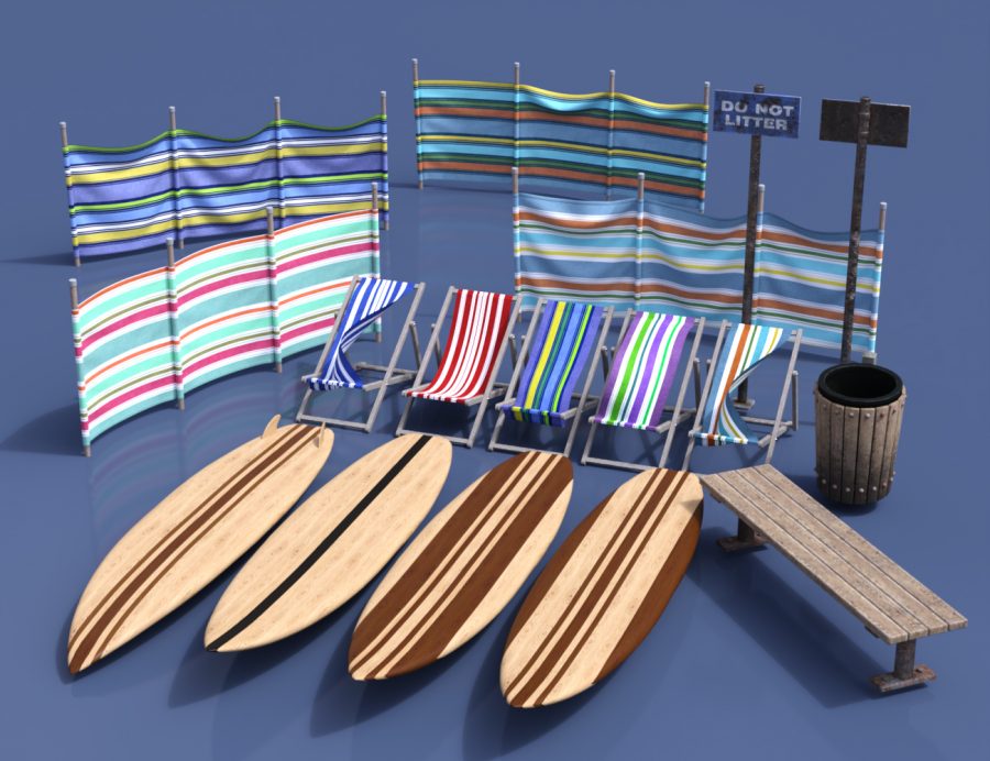 Promo of various deckchairs, windbreaks and surfboards