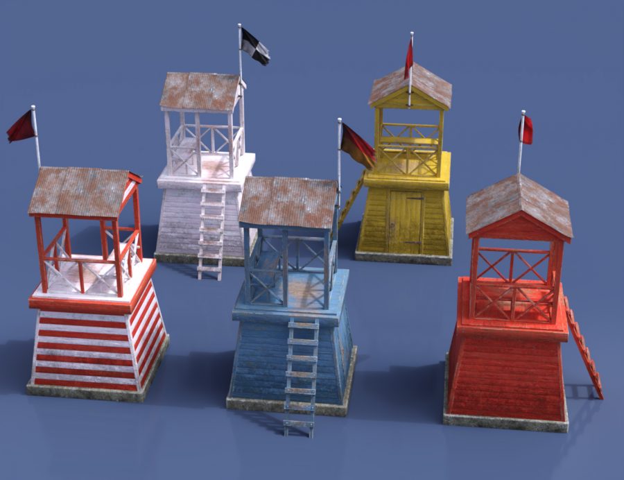 Promo of various coloured lifeguard towers