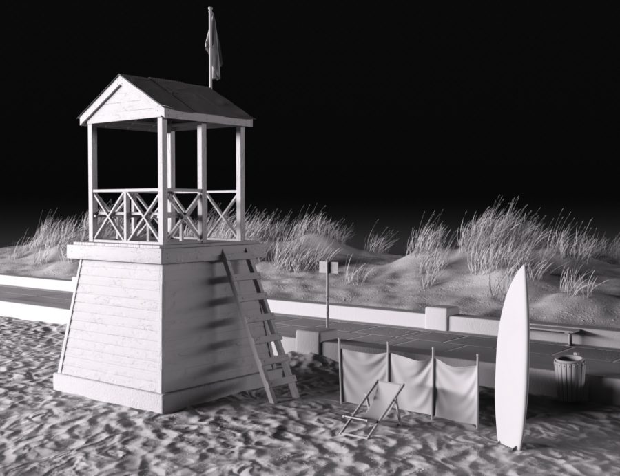 Clay render lifeguard tower on beach