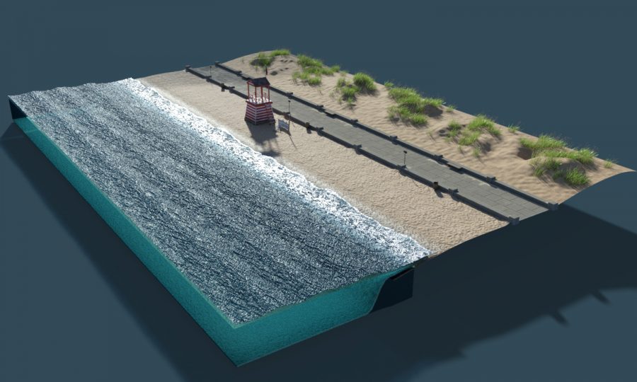 Promo of a large beach scene with walkway, beach and sea