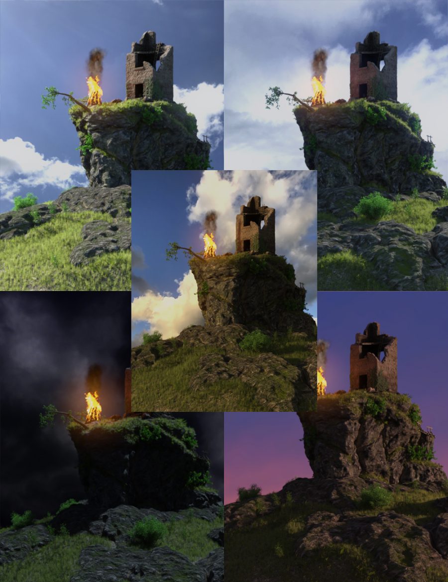 Promo showing the lighting options for the ruined tower scene