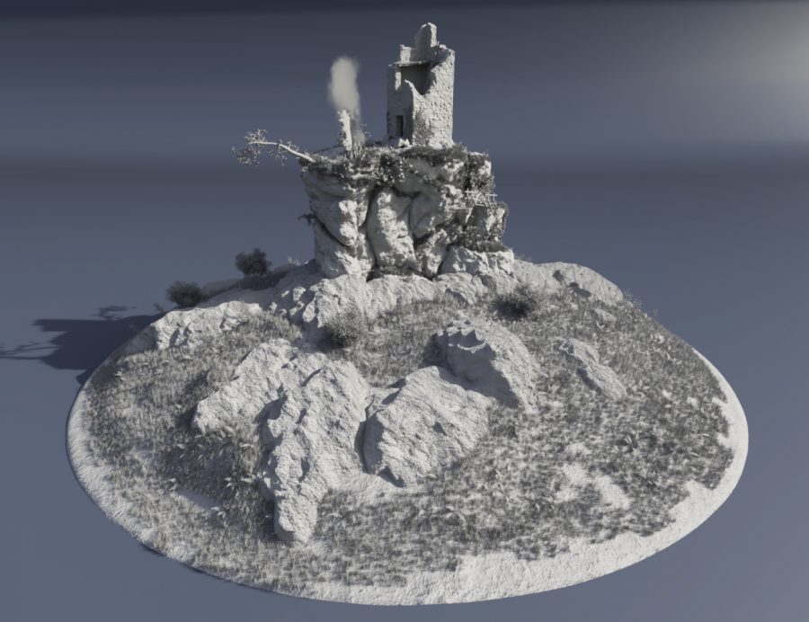 Promo of a clay render showing the ruined tower