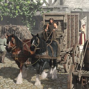 Medieval street with the Predatron LoREZ Horse 2 four-wheeled cart