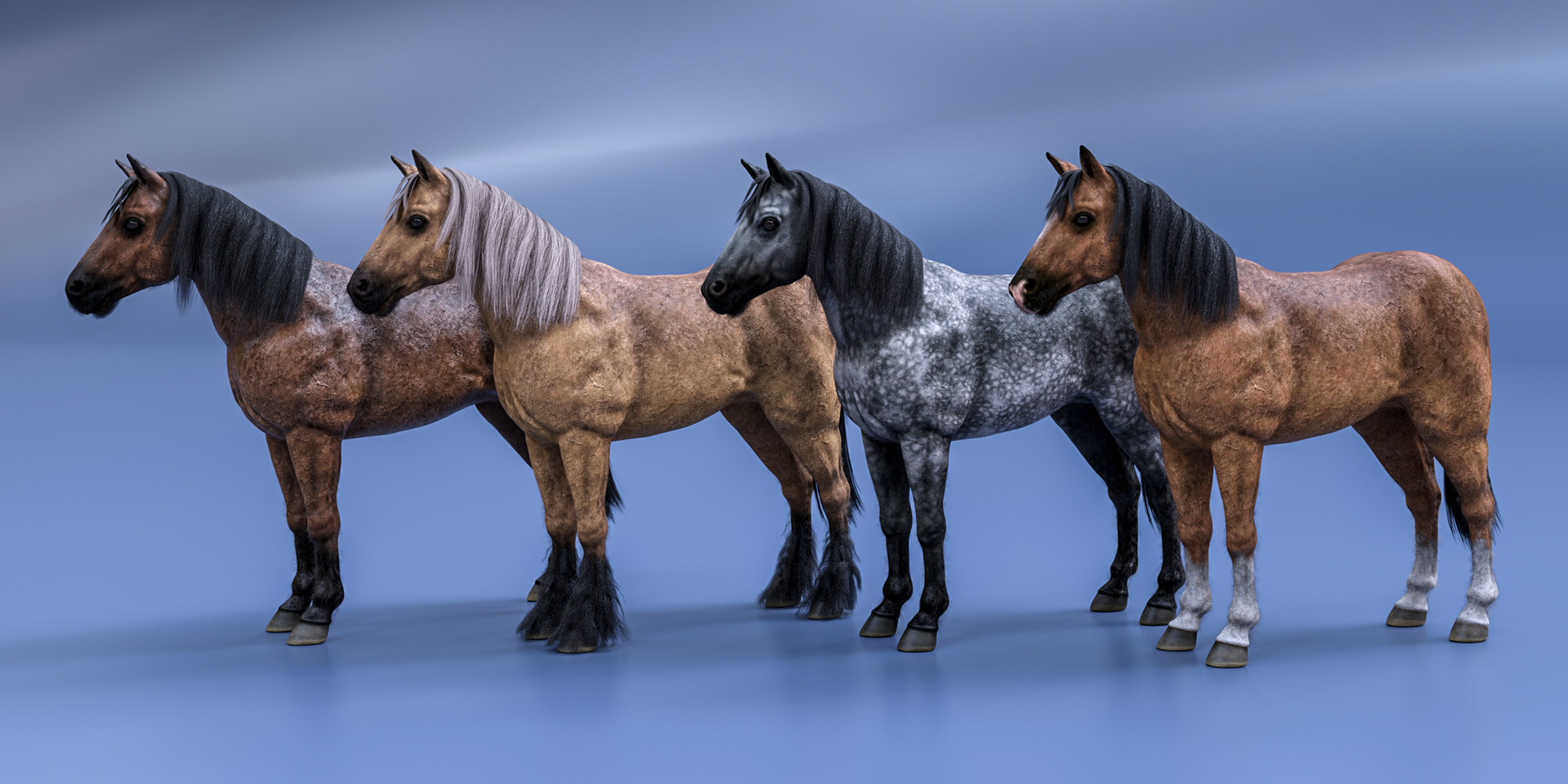 Brown, buckskin, palomino and grey dappled horses