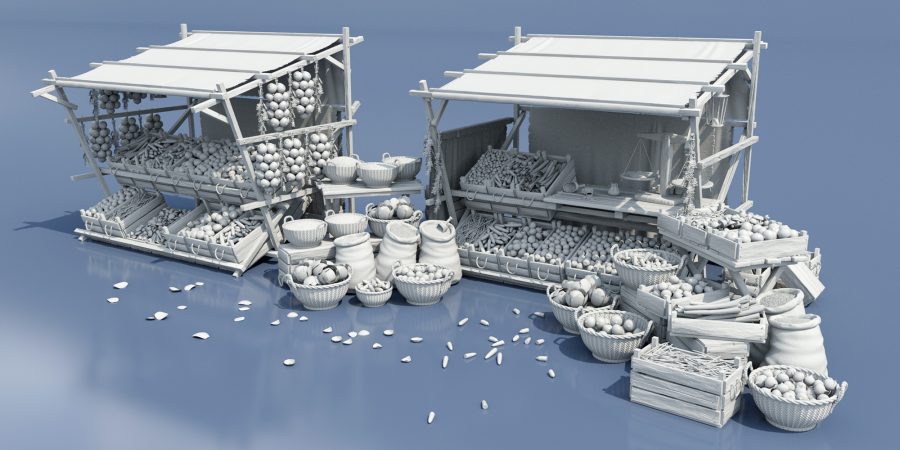 Clay render of the Medieval Roadside Merchant Stalls