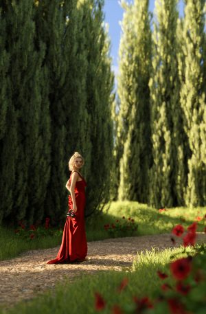 Woman in red dress walking down Cypress Lane