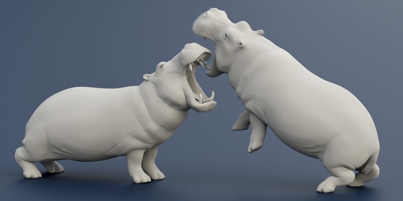 Clay render showing hippos fighting