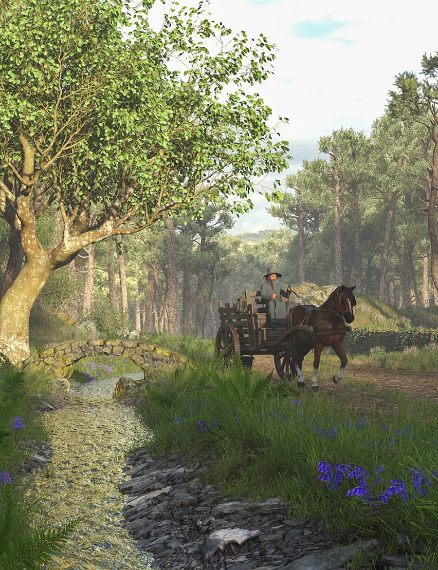 Wizard riding a two-wheeled horse cart through the forest