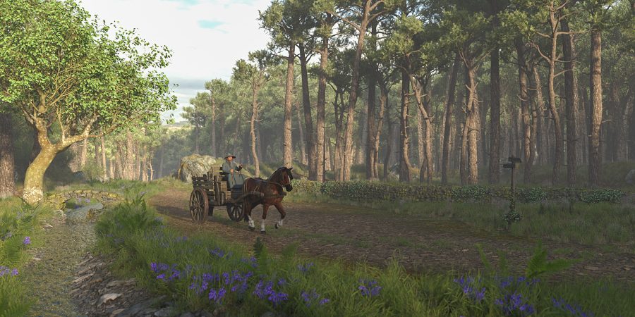 Larger render of wizard and horse cart riding through the forest