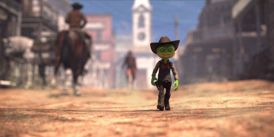 Wide screen render of Bizzle Western Cowboy for Mister Bobble strolling through a dusty western street
