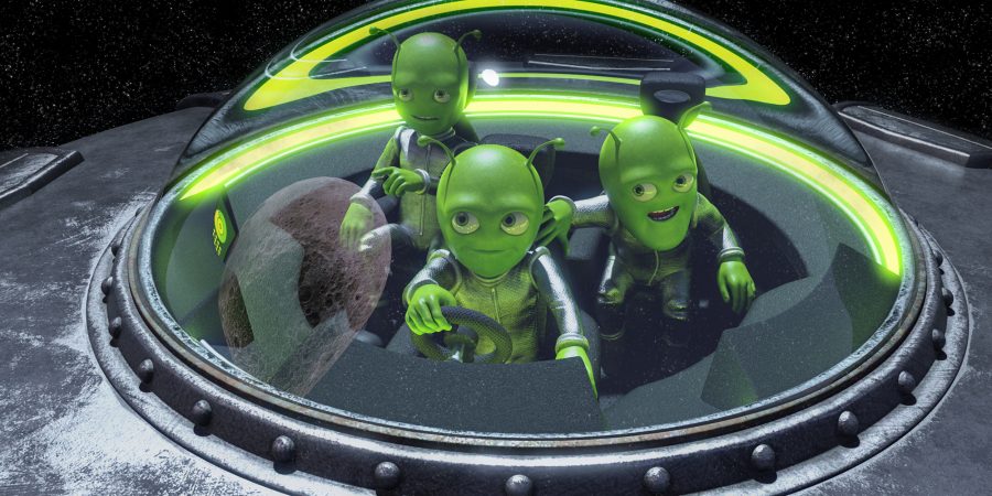 Large render of three aliens in a flying saucer