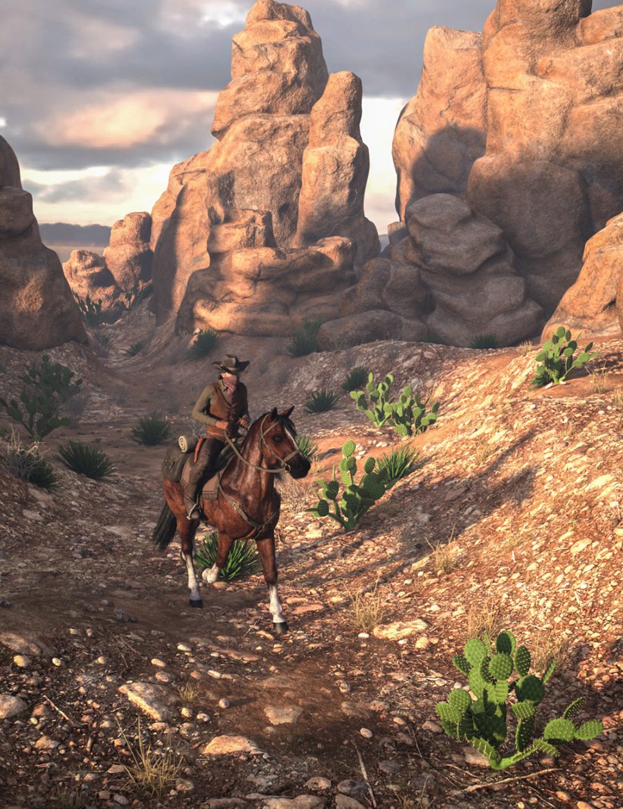 Cowboy and horse riding through desert